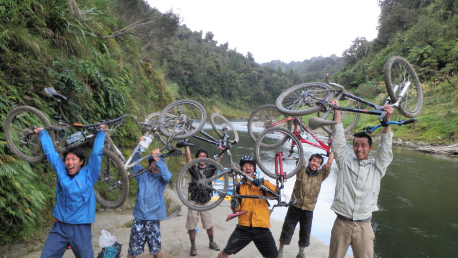 We did it! Ecstatic bikers having completed their ride of the Mangapurua Track