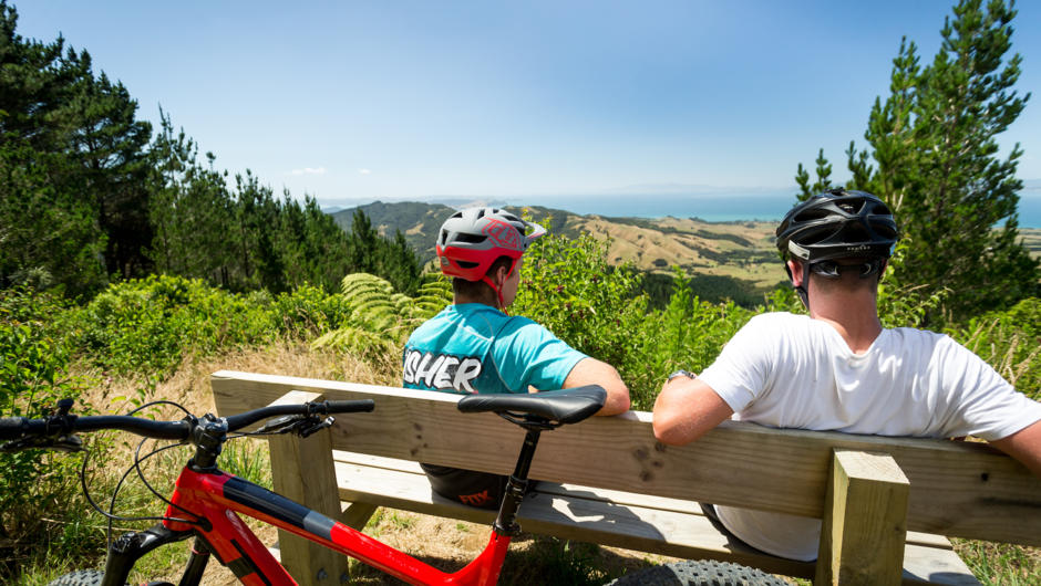 Riders enjoying the view at the high point at 440 MTB Park