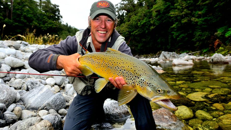 A wild New Zealand brown trout, caught and about to be released