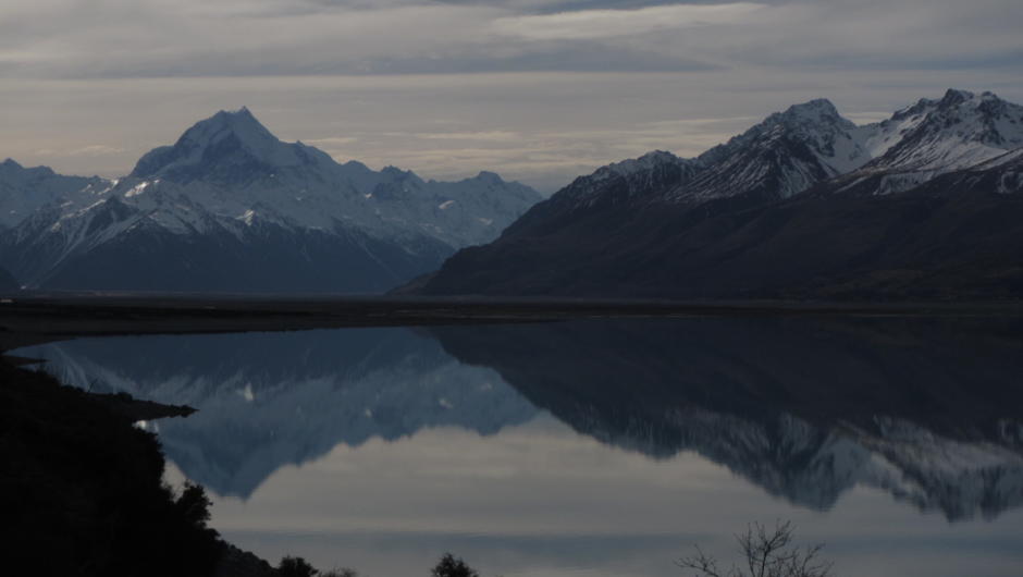 Winter reflections with Aoraki Mount Cook beyond Lake Pukaki