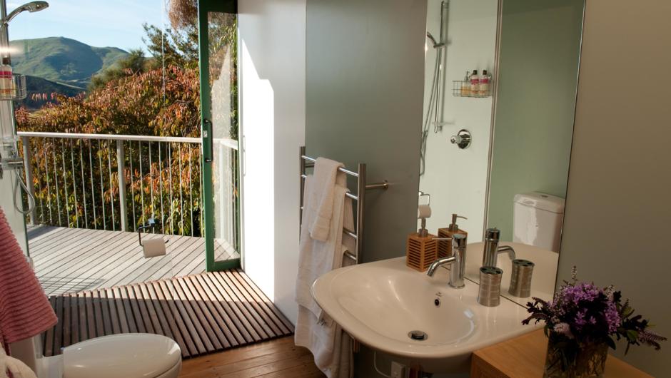 Bathroom with floor to ceiling sliding doors to outside