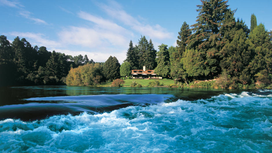 Huka Lodge right on the banks of the Waikato River located just upstream from the mighty Huka Falls.
