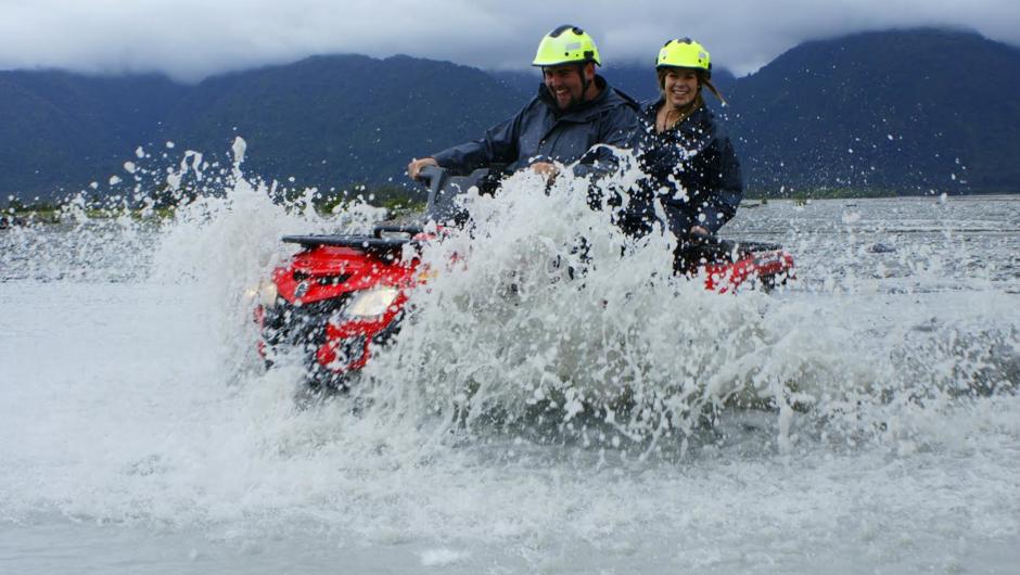Splashing through the mighty Waiho River.