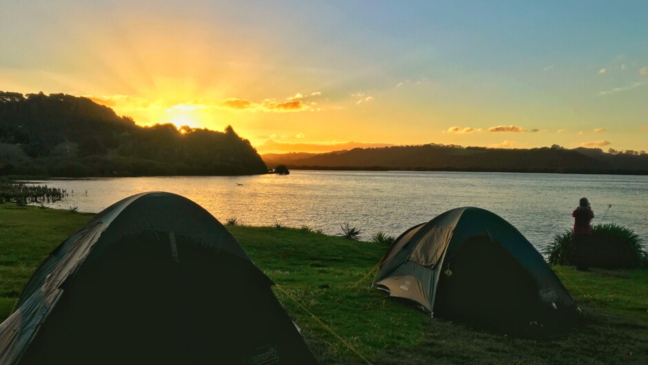 Sunset over our Bay of Islands campsites
