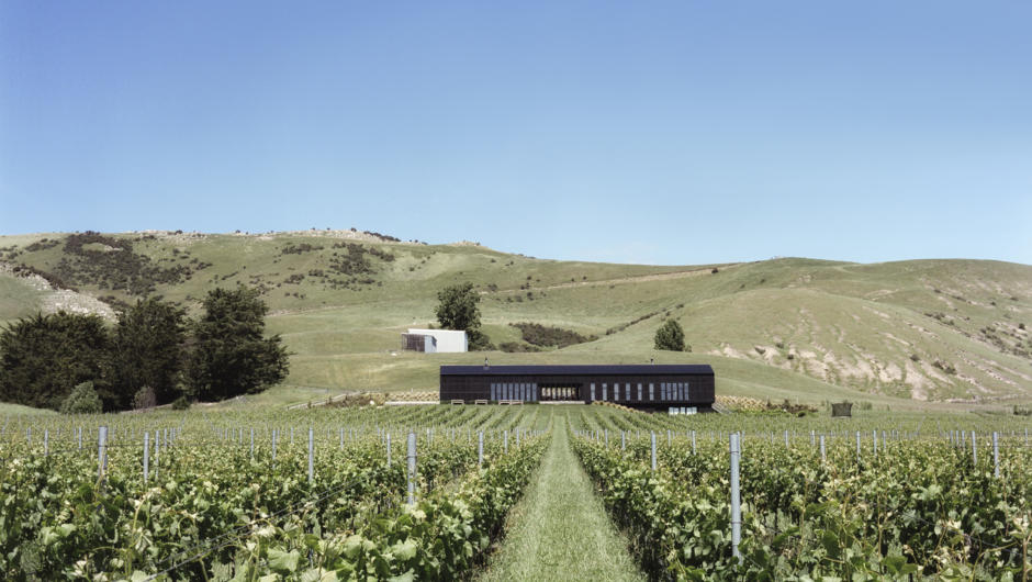 Black Estate Cellar Door &amp; Restaurant, overlooks their organic vineyard, Waipara Valley to the Southern Alps.