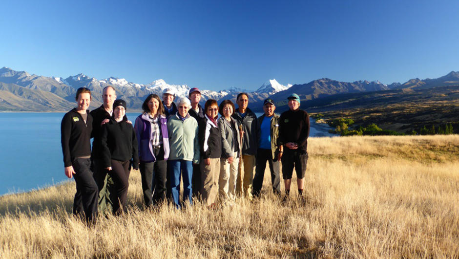 An Active group at Braemar Station, with Aoraki Mt Cook in the background
