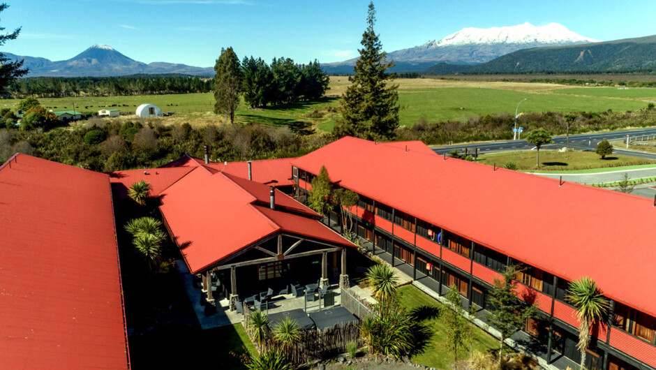 The Park Hotel looking towards Mt Ruapehu and Mt Ngaruhoe