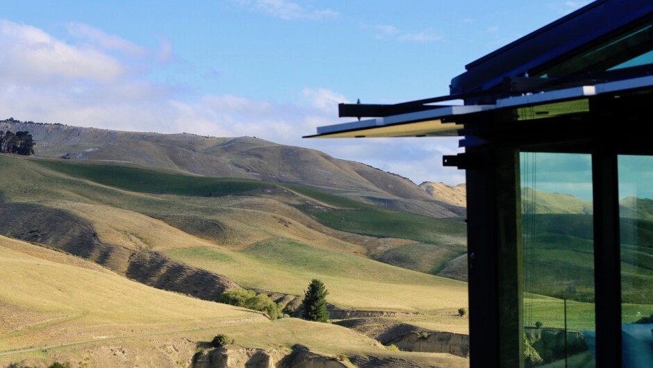 Greystone PurePod, beautiful hills on one side, panoramic views of the Waipara Valley wine region on the other