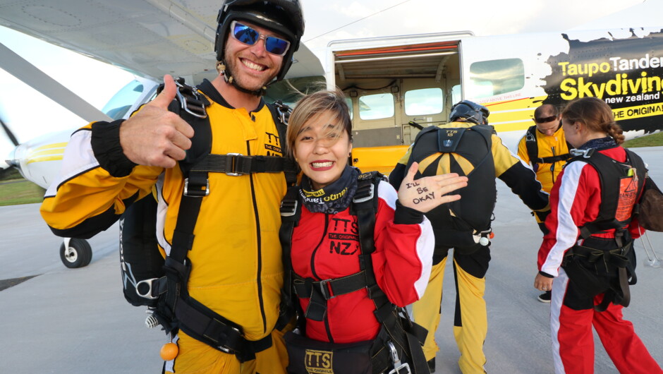 Shaking off a few pre-skydive nerves.