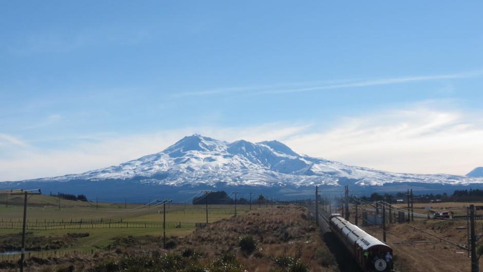 Mt Ruapehu with an excursion train approaching Waiouru