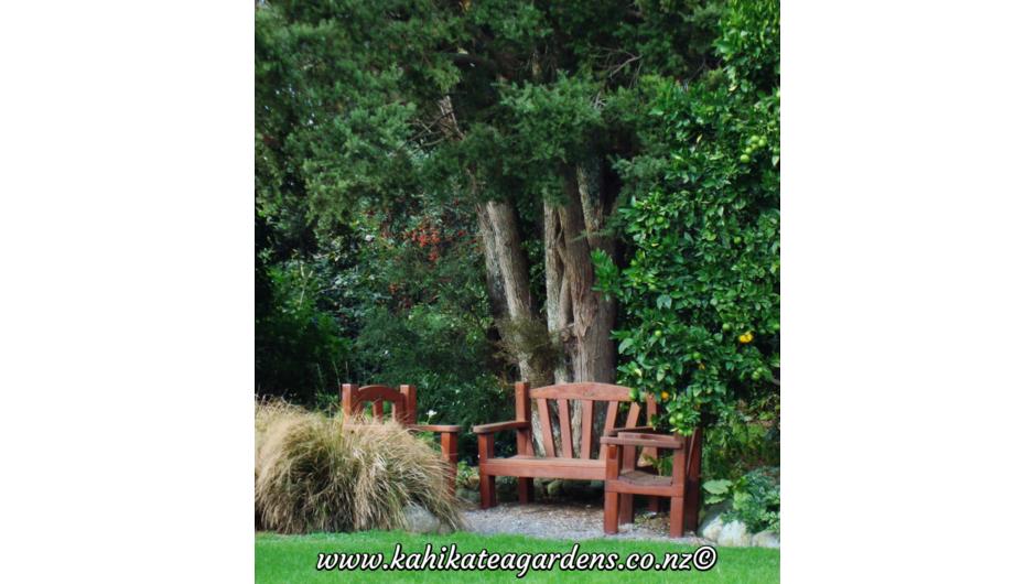 There are many special spots to relax at Kahikatea Gardens