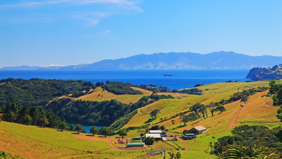 Views over farmland to Coromandel Peninsula