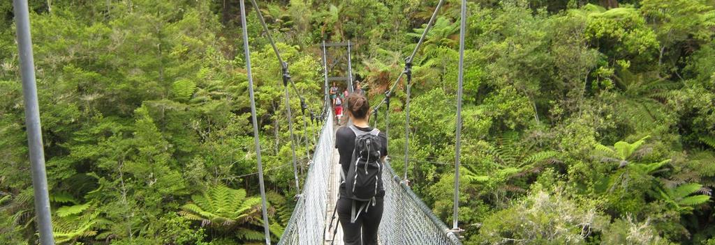 Crossing the Falls River Swing Bridge on the Abel Tasman Coastal Track.