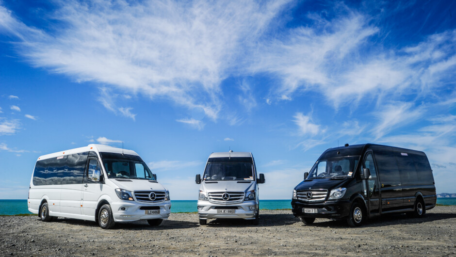 Three of the ultra luxury Mercedes Sprinters suitable for smaller groups. Huge luggage capacity and seats up to 18 pax each vehicle so ideal for New Zealand Golf tours and luxury lodge transfers.