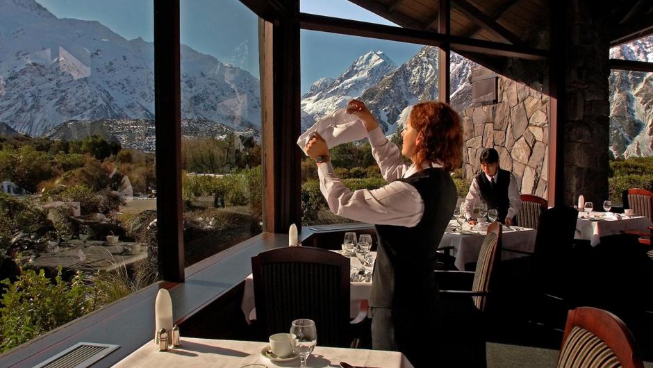 The Panorama Room, the signature restaurant of the Hermitage Hotel, serves up a view of Mount Cook.