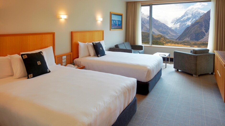 Soak up the views of Aoraki Mount Cook through large picture windows in Premium rooms at The Hermitage Hotel