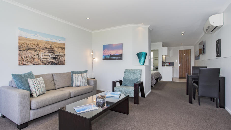 Each of our Lakeview Tekapo studios boasts a lounge and dining area