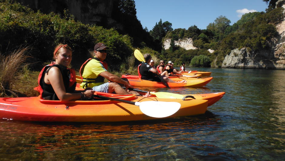 Kayak down the Waikato River with Taupo Kayaking Adventures. Suitable for families.