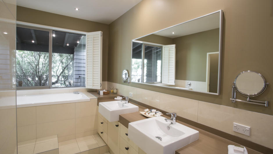 The Kowhai room ensuite complete with double shower and deep bath.