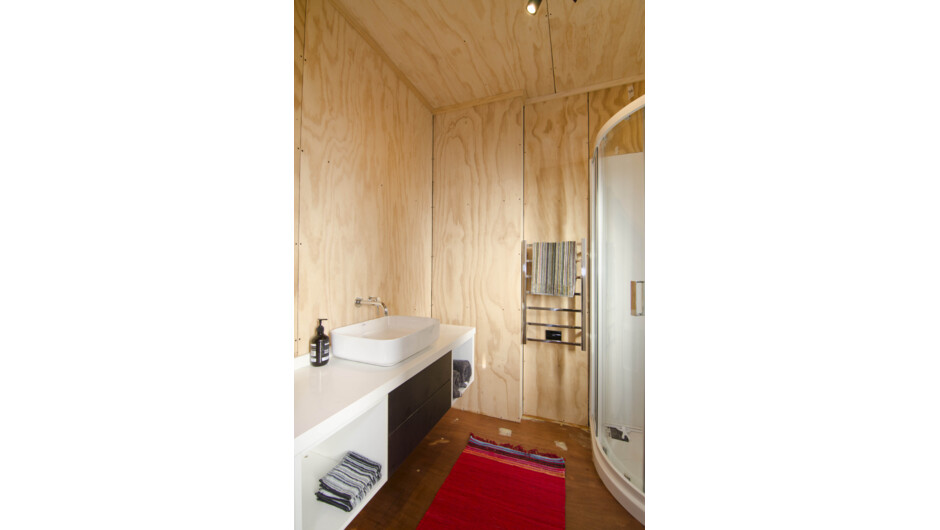 Modern bathroom inside container cabin in Millers Flat. Voyager Cabins