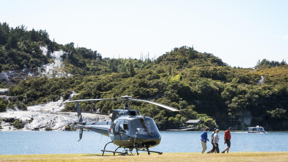 Passengers departing Helicopter at Orakei Korako
