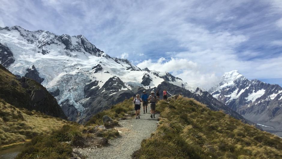 Hike up to Sealy Tarns and enjoy the awesome views of Mt Sefton, Mueller Glacier and up the Hooker Valley to Aoraki/Mt Cook.