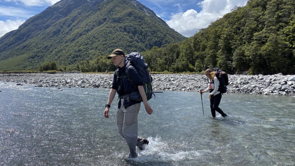 Following and crossing rivers are an integral part of back-country travel in New Zealand.