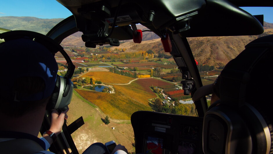 Flying over Central Otago vineyards in Autumn.