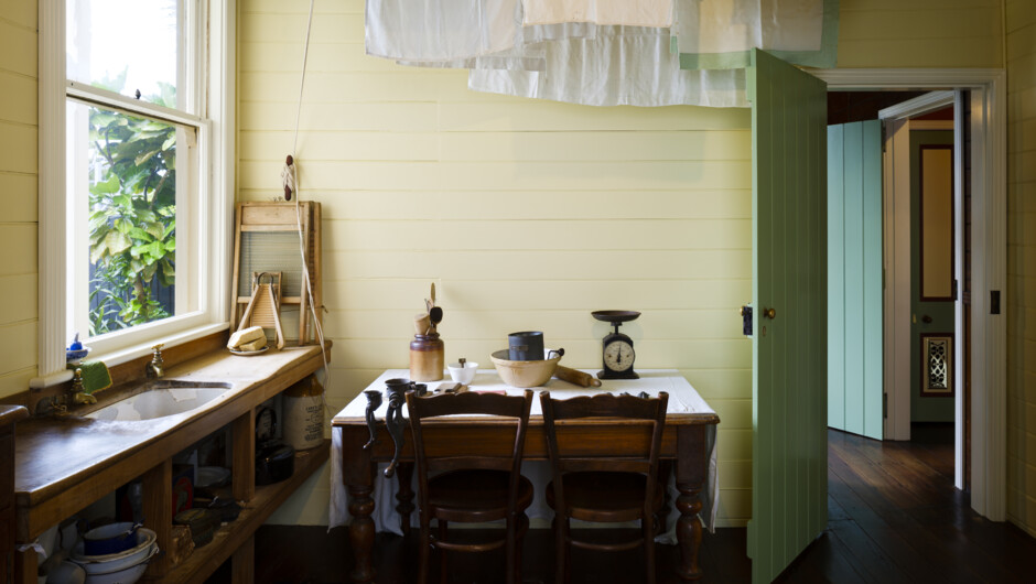 The decoration of the scullery and the kitchen at Katherine Mansfield House & Garden makes a clear distinction between private rooms and those seen by guests to the house.