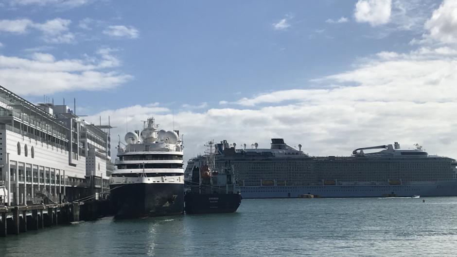 Auckland cruise terminal with Ponant and Ovation of the Seas in the background. Ovation can only tender in Auckland.