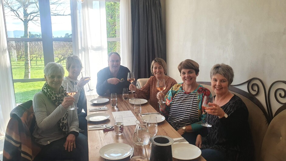 John with the Greymouth ladies at Poppies winery for lunch.