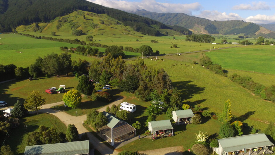 Aerial view of Smiths Farm Holiday Park - located in the countryside with the Marlborough Sounds just a short distance away.