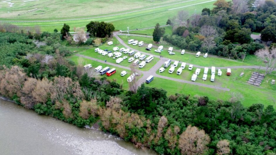 An aerial view of the campsite situated on the Tauherenikau River.