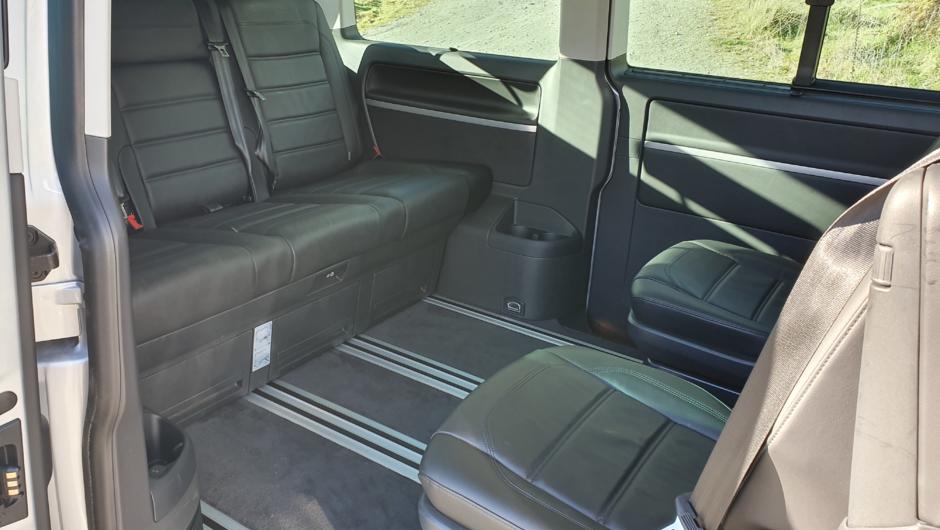 Our luxury four wheel drive, Volkswagen has plenty of room for up to 6 passengers, leather seats, tinted windows, USB charging as well as individual air-conditioning and lighting to make your journey comfortable.