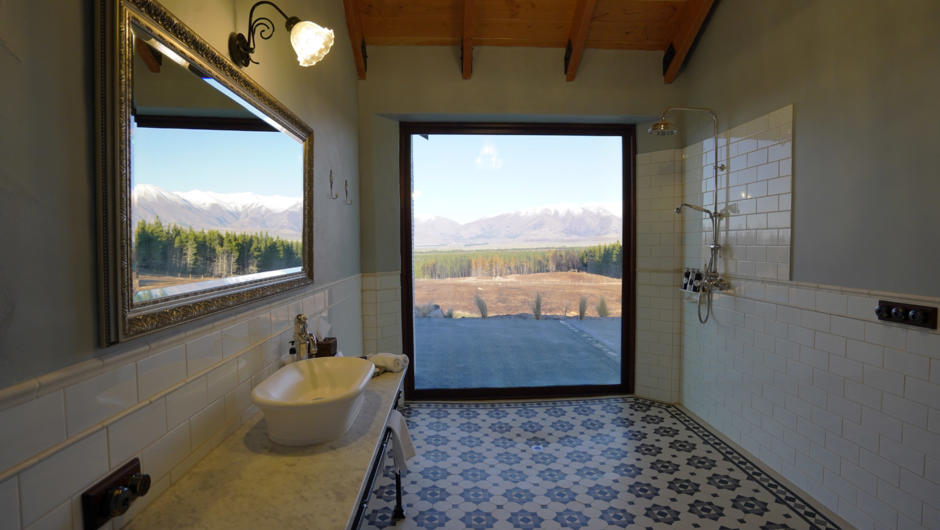 Moraine Villas - view from the bathroom towards the Ben Ohau Ranges and Mackenzie farmscape