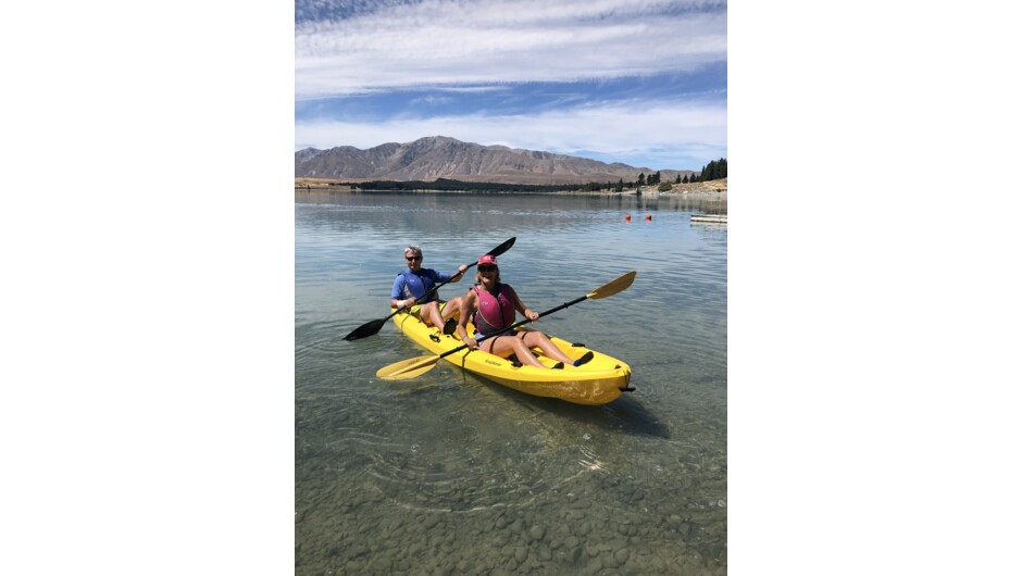 English couple take out a double kayak on another fabulous Tekapo Day