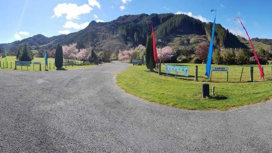 Main gate with flags, directly on SH6 between Murchison and Kawatiri Junction