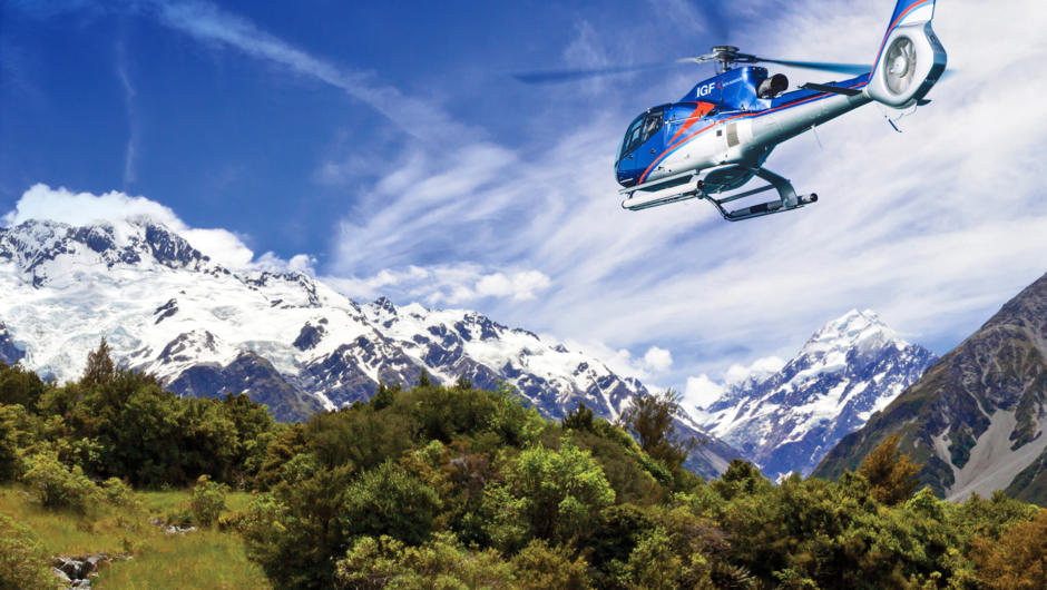 View Sir Edmond Hillary's training ground and Aotearoa, New Zealand's highest Mountain by helicopter. Aoraki Mount Cook.