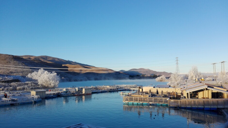 Salmon farm and cafe in hoar frost - Winter.