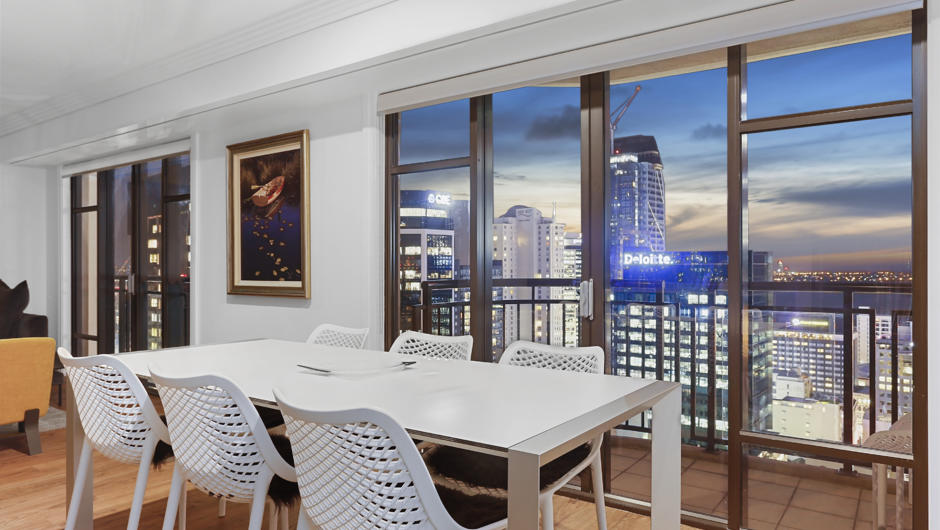 Dining area provides stunning views over Auckland City.