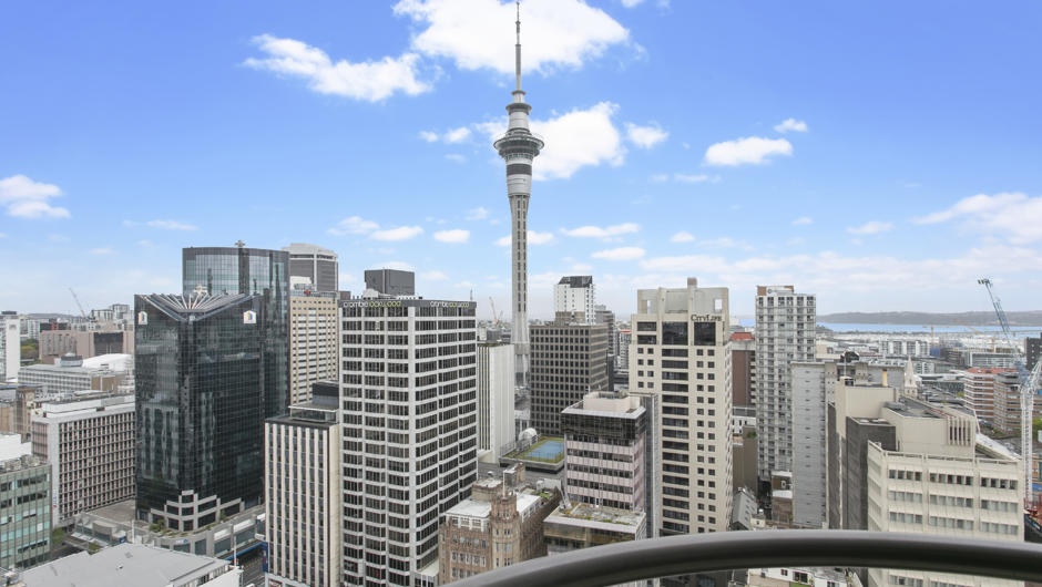 Breathtaking views from the large balcony with the Sky Tower as the focal point.