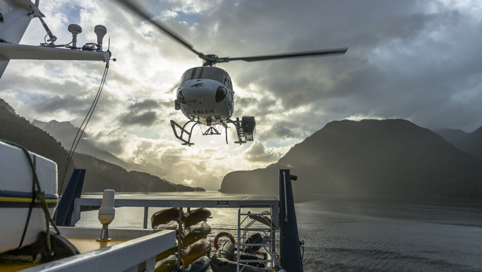 Dusky Sound, Fiordland - helicopter transfer from Te Anau to the vessel on the fjord