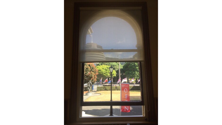 Looking out from Old Government Buildings to the Beehive opposite