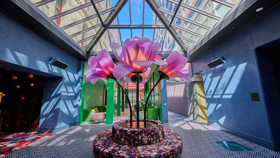 Illuminating floral sculpture in the lobby at Naumi Studio Hotel Wellington