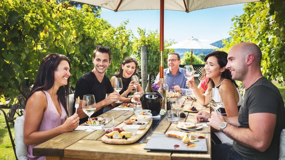 Summer lunch in the vines at St Clair winery.  The lunch is accompanied by wine tasting on the Hop n Grape tour- Full day Winemakers tour.