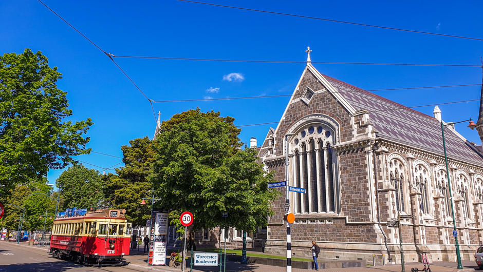 The Christchurch Tram passing the Arts Centre