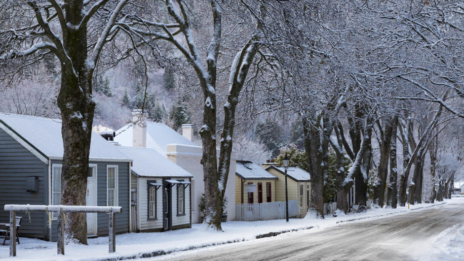 Arrowtown historic cottages in winter.