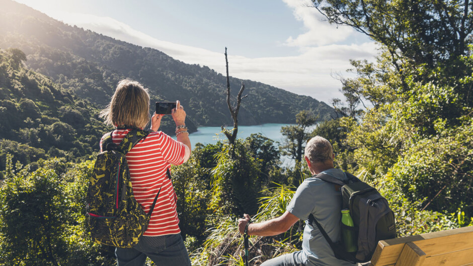Walkers stopping for break on Queen Charlotte Track taking photos of views