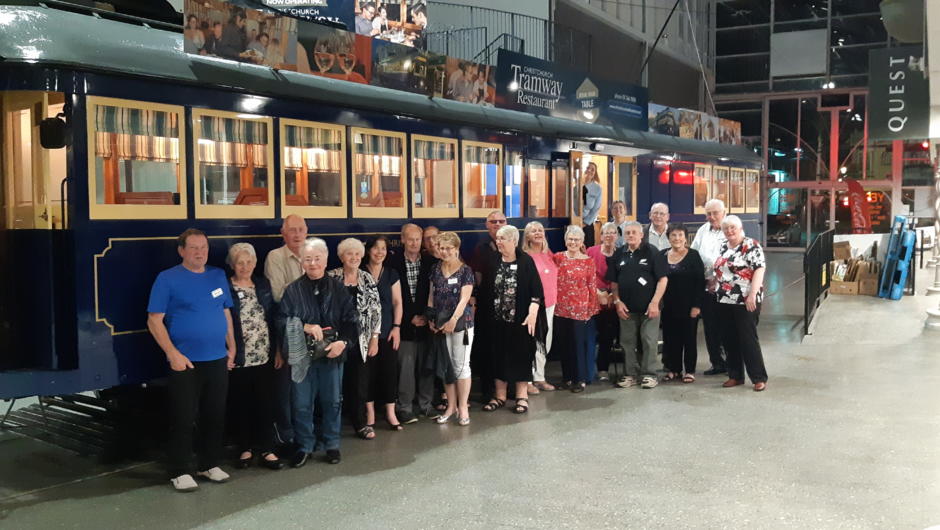 Group outside the Christchurch Tramway Restaurant carriage