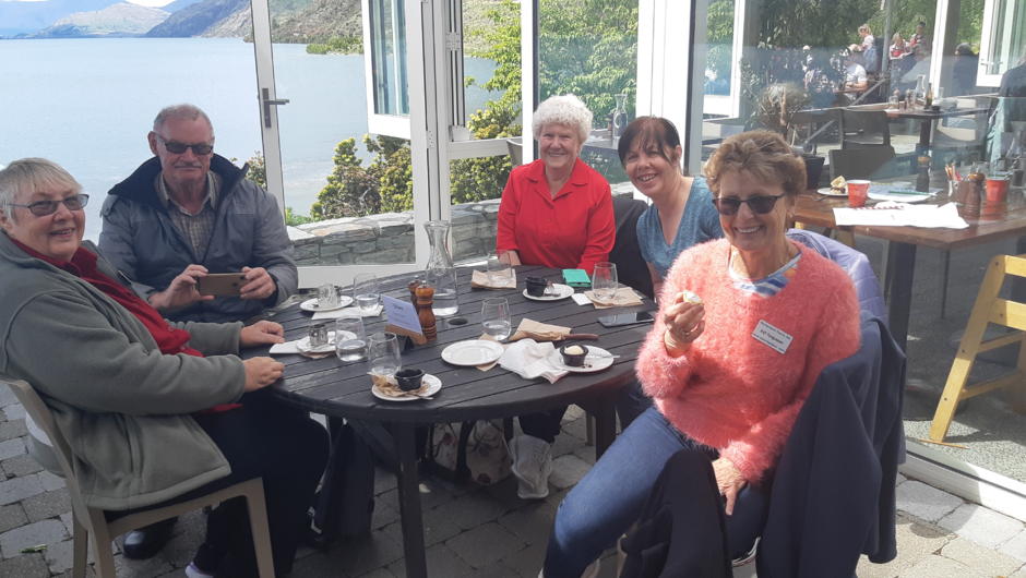 Enjoying the views and making new friends over a cuppa at Walter Peak Station